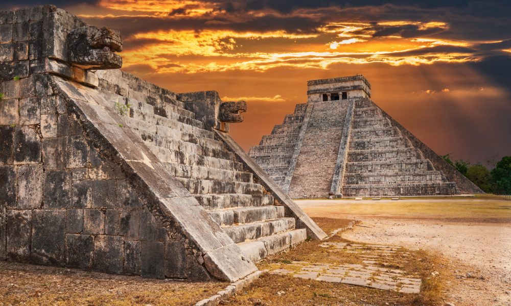 Chichen Itza, Yucatan. Jaguar temple and Kukulkan, famous Maya pyramid in Mexico, world heritage.